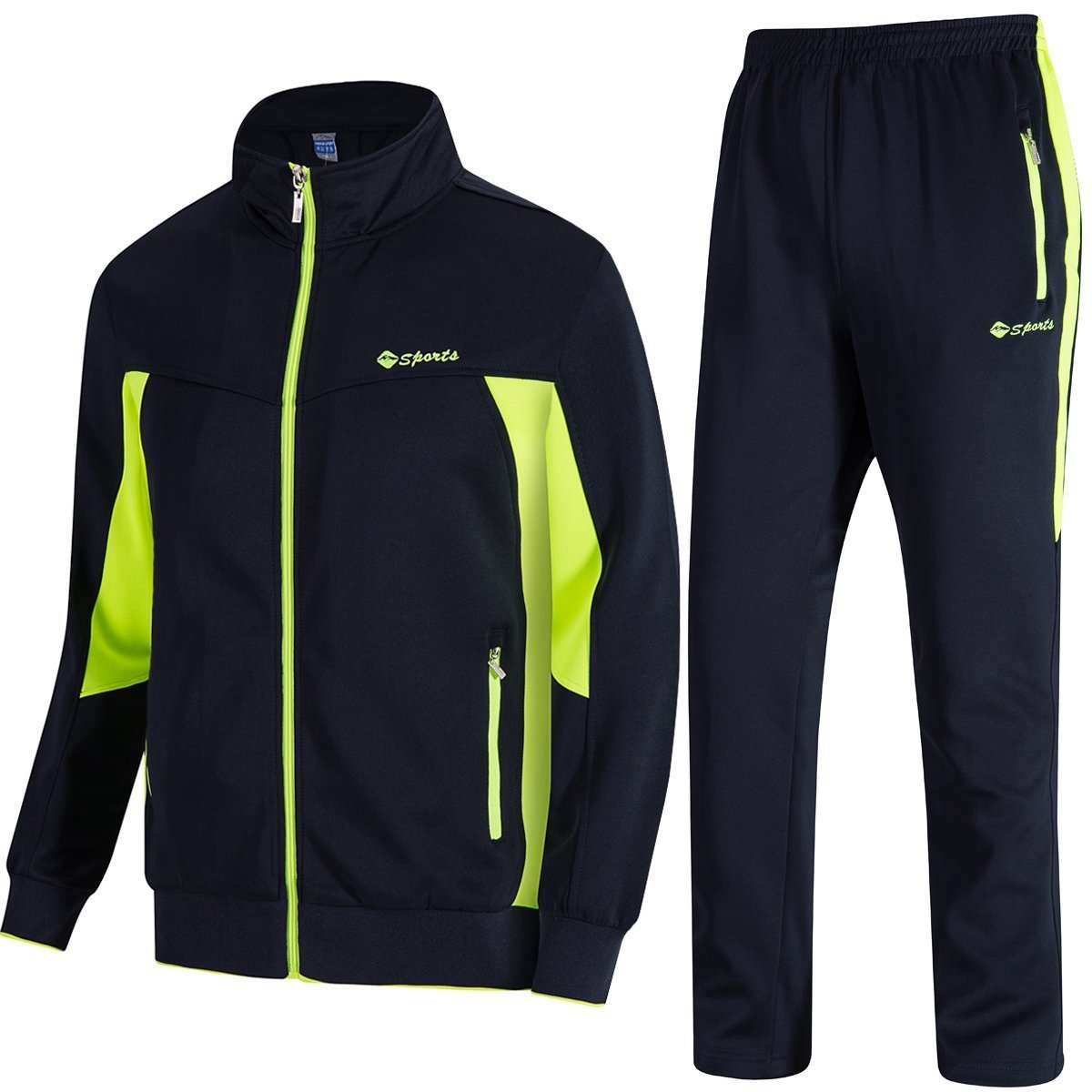TBMPOY Mens Essential Running Top  Bottoms Set Long Sleeve Training Wear NavyFluorescent green XXL