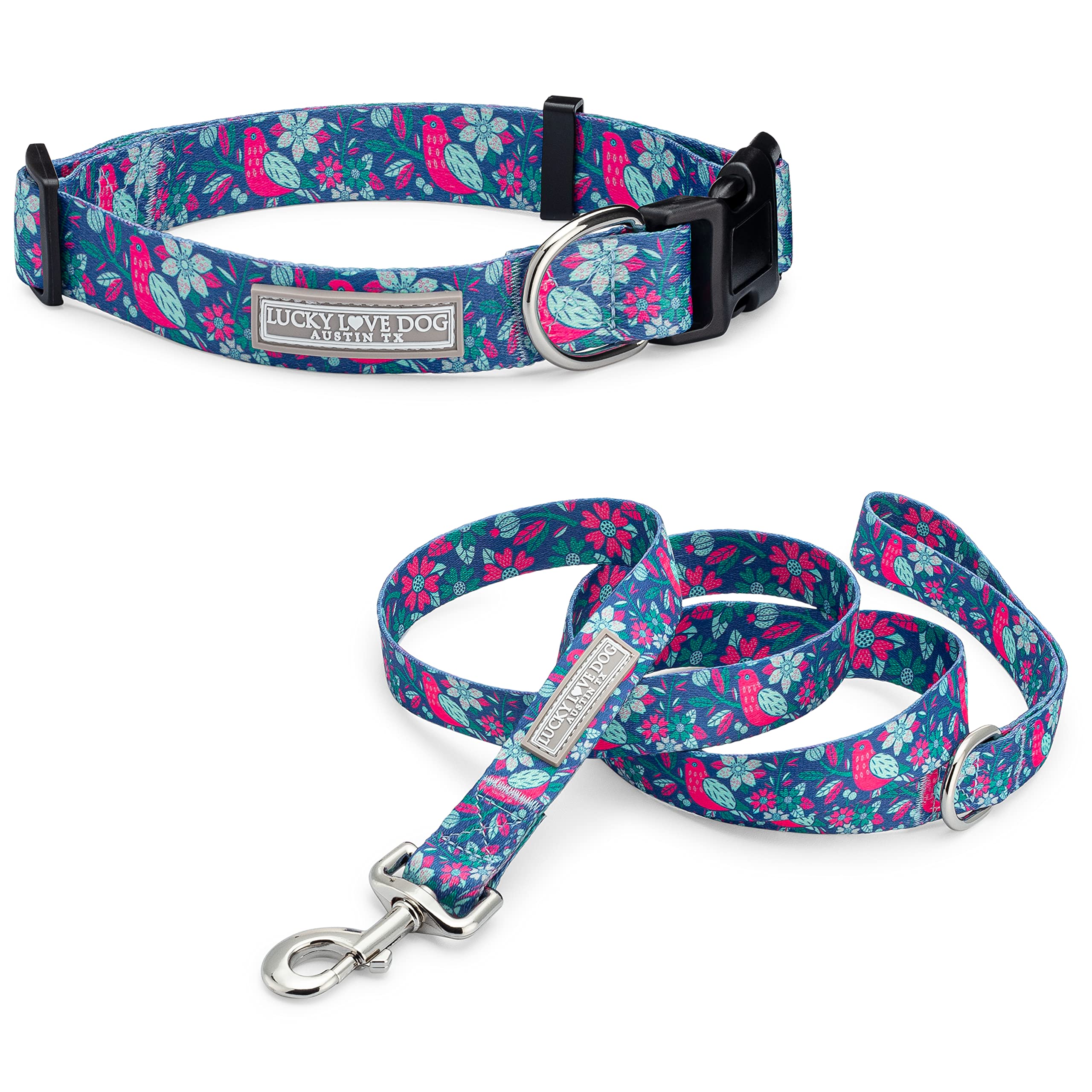 Lucky Love Dog Collar and Leash Combo, Vivid Floral Matching Girl Dog Leash and Collar Set for Large Dogs - (CarrieBelle Combo, 