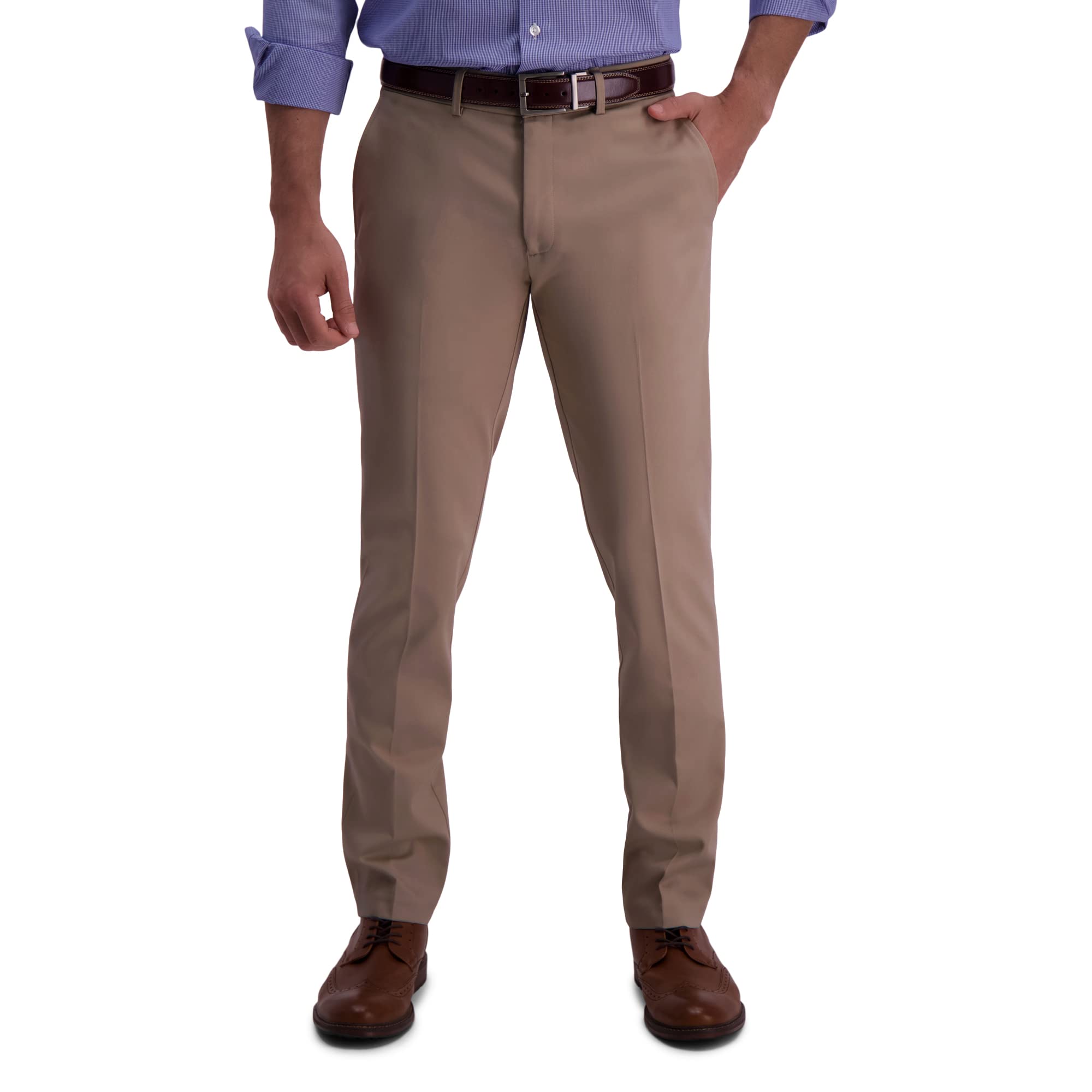 Haggar Mens Premium No Iron Khaki Straight Fit  Slim Fit Flat Front casual Pant, Khaki, 32W x 30L