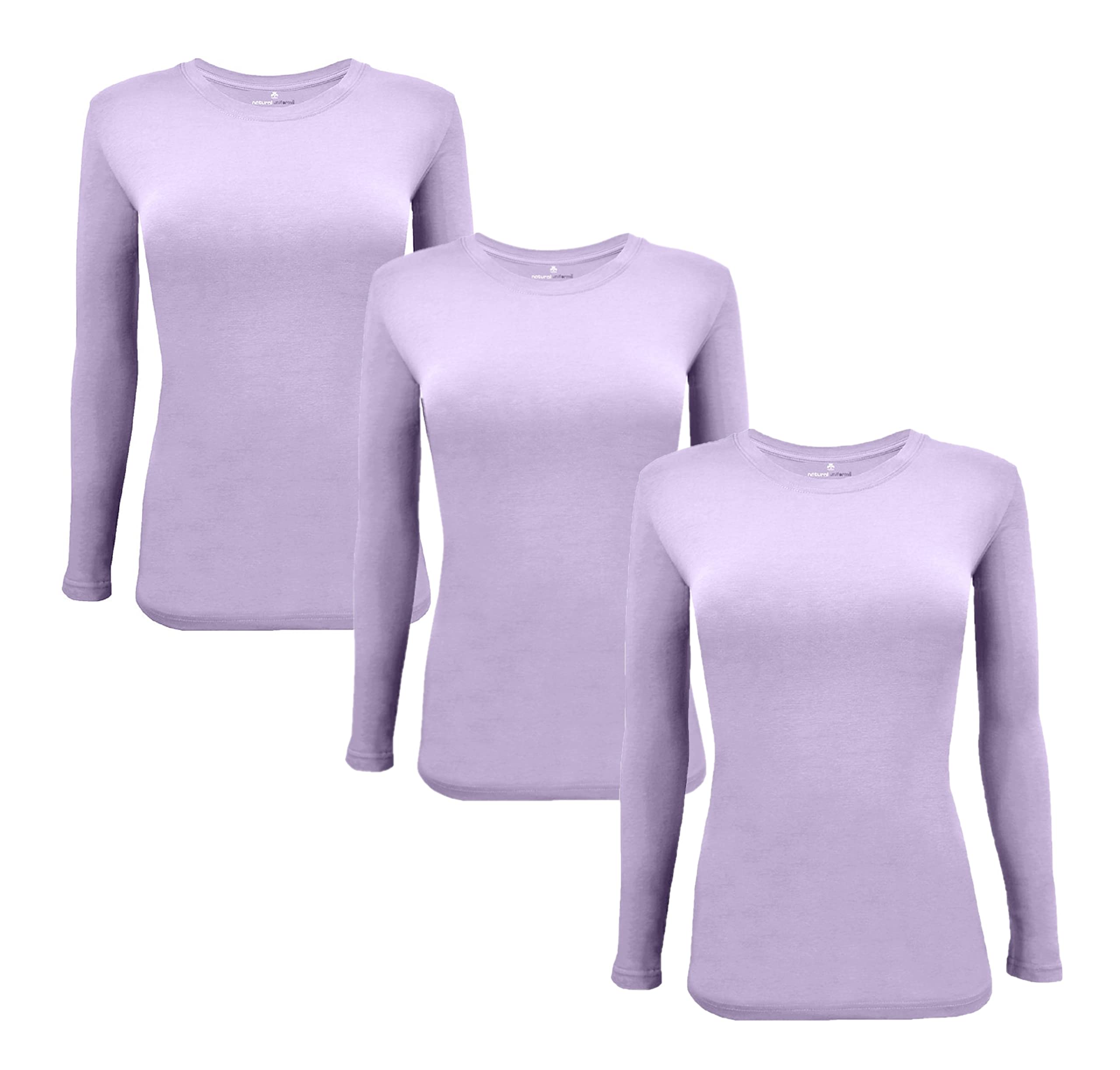 Natural Uniforms Womens Under Scrub Tee crew Neck Long Sleeve T-Shirt-3-Pack (X-Small, 3 Pack-Lavender)