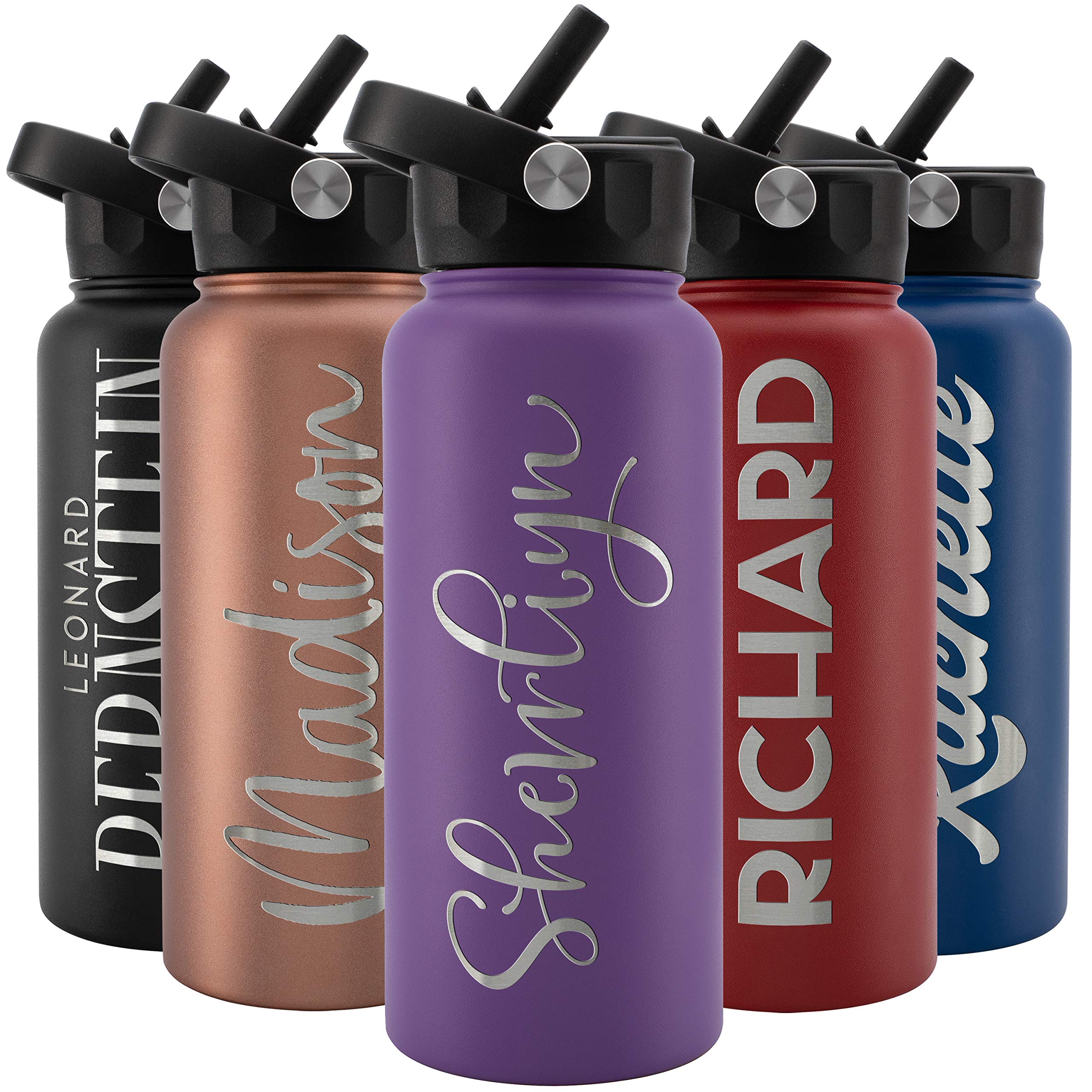 Amazing Items Personalized Water Bottle w Straw  Lid, 32 oz - Purple  custom Stainless Steel Sports Water Bottle w Name and Text