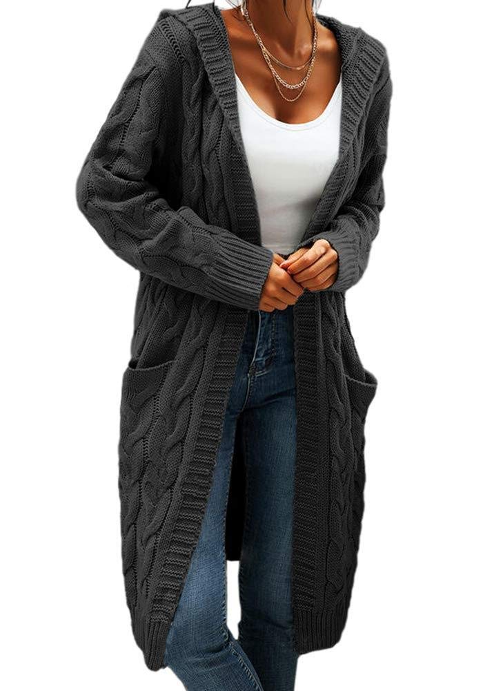 Bwogeeya Women Hooded Open Front cardigan cable Knit Sweaters Solid color chunky Long Sweater coats Dark grey