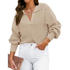 ZESIcA Womens 2023 Fall Lapel collar V Neck Long Sleeve Ribbed Knit comfy Loose casual Pullover Sweater Jumper Top,Oatmeal,X-Lar