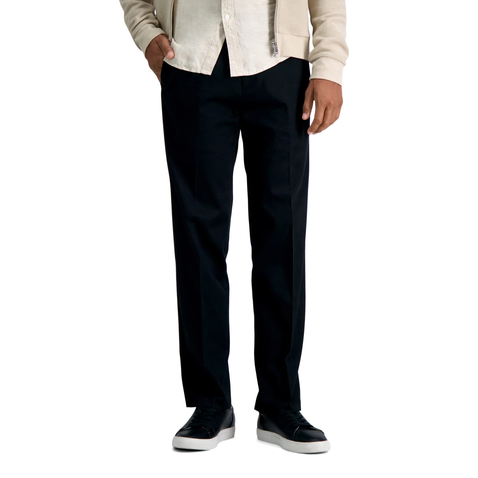 Haggar Mens Premium No Iron Khaki Straight Fit  Slim Fit Flat Front casual Pant, Black, 36W x 34L