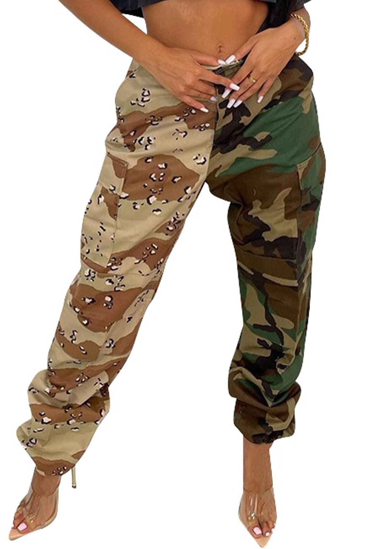 Vakkest Women's Camo Cargo Pants High Waist Slim Fit Trousers Camouflage Active Jogger Pocket Sweatpants with Belt
