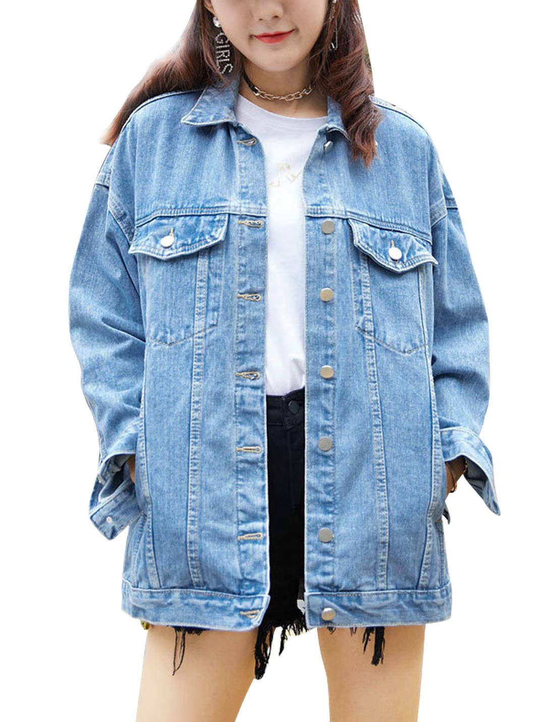 Omoone Womens Oversized Mid Long Denim Jacket Jean Biker coat(0199-Denim Blue-L)