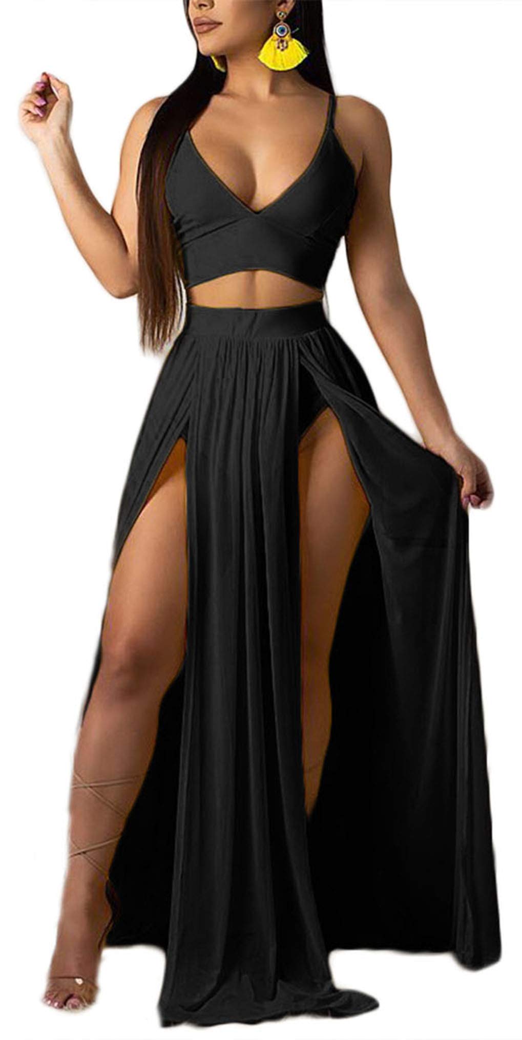 Mintsnow Women Sexy 2 Piece Outfits Dress chiffon Strap Deep V Neck Bra crop Top High Split Maxi Dresses Skirt Set Black XL