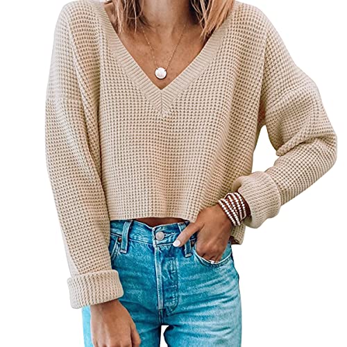 Jumppmile Womens V Neck Long Sleeve Tops Crop Waffle Knit Crepped Casual Loose Pullover Crop Sweater XS Beige