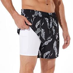 BRISIRA Mens Swim Trunks Quick Dry Swim Shorts 5 inch Inseam Stretch Water Beach Shorts with compression Liner Zipper Pocket