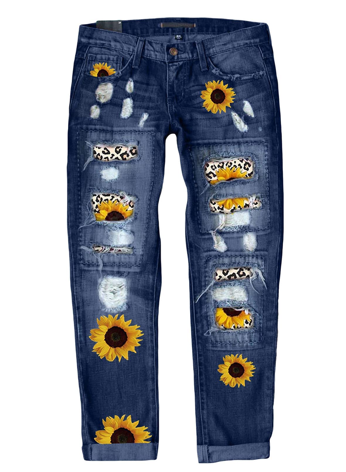 Astylish Women Patchwork Ripped Sunflower Jeans Boyfriend Washed Skinny Stretch Raw Hem Distressed Hole Denim Pants