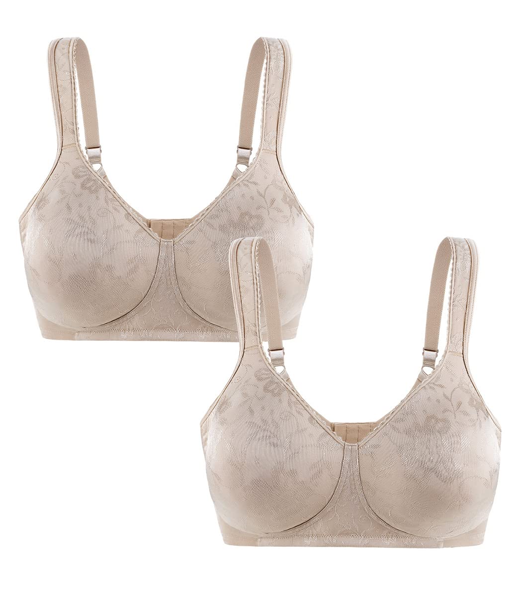 Wirarpa Bras for Women Ultra Soft Wire Free comfortable Bra Full coverage Plus Size Minimizer Non Padded 2 Pack Beige 44DD