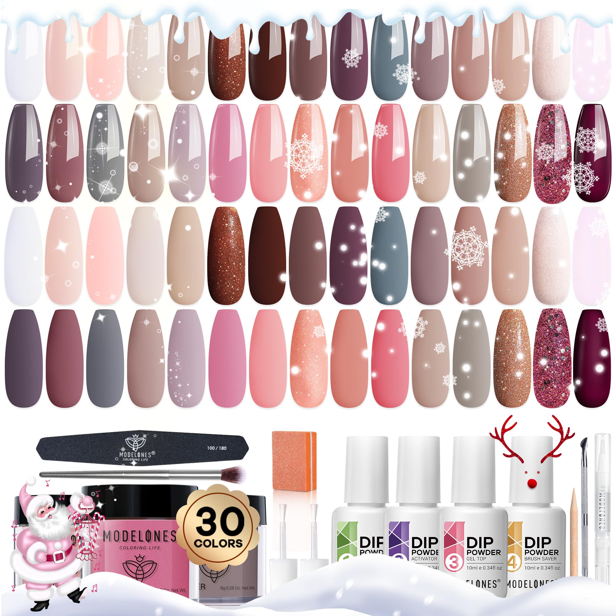Modelones 42 Pcs Dip Powder Nail Kit Starter, 30 Colors Skin Tones Pink Brown Nude Neutral Dipping with Base Top Coat Activator 