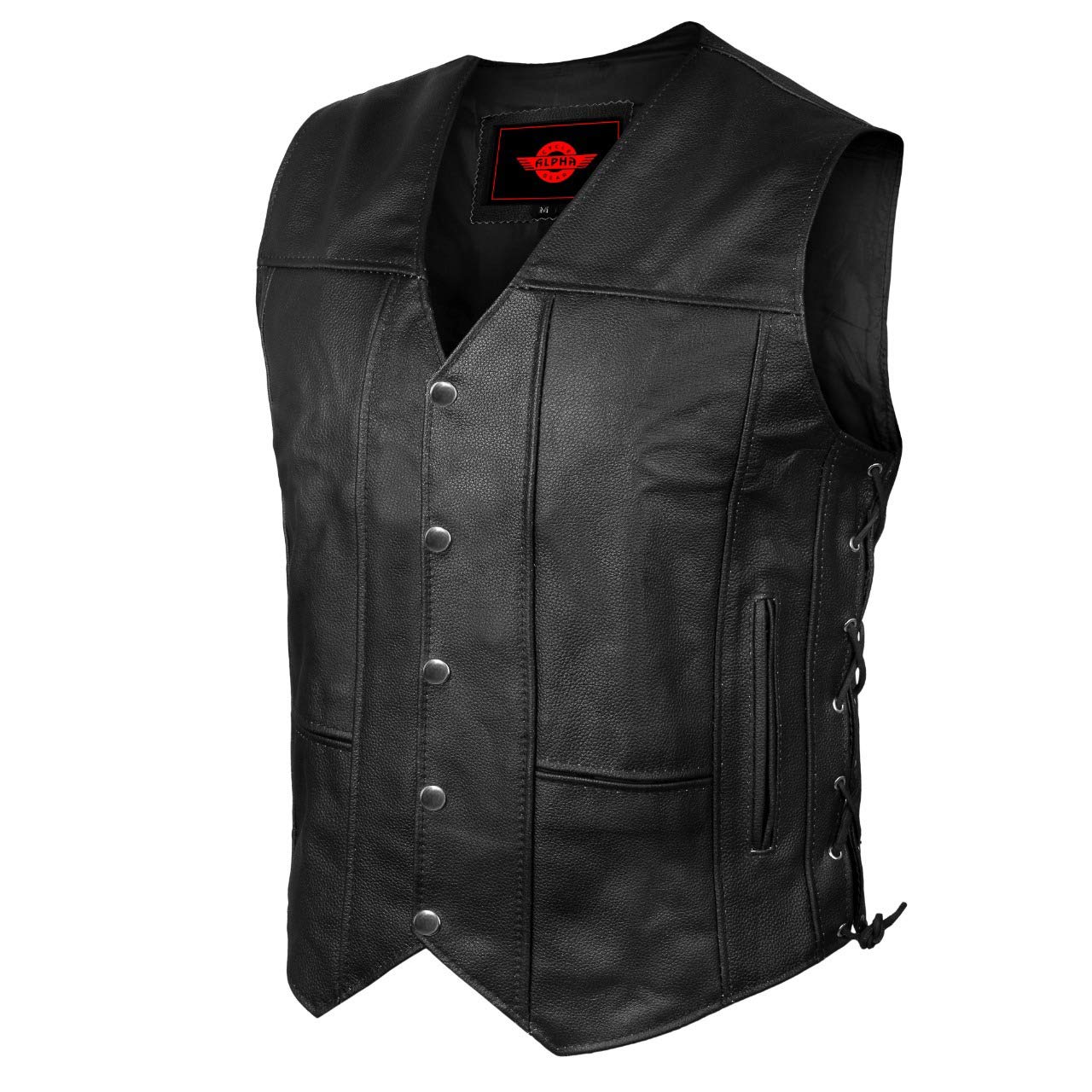 JAYEFO Alpha Leather Motorcycle Vest for Men Riding club Black Biker Vests With concealed carry gun Pocket cruise Vintage
