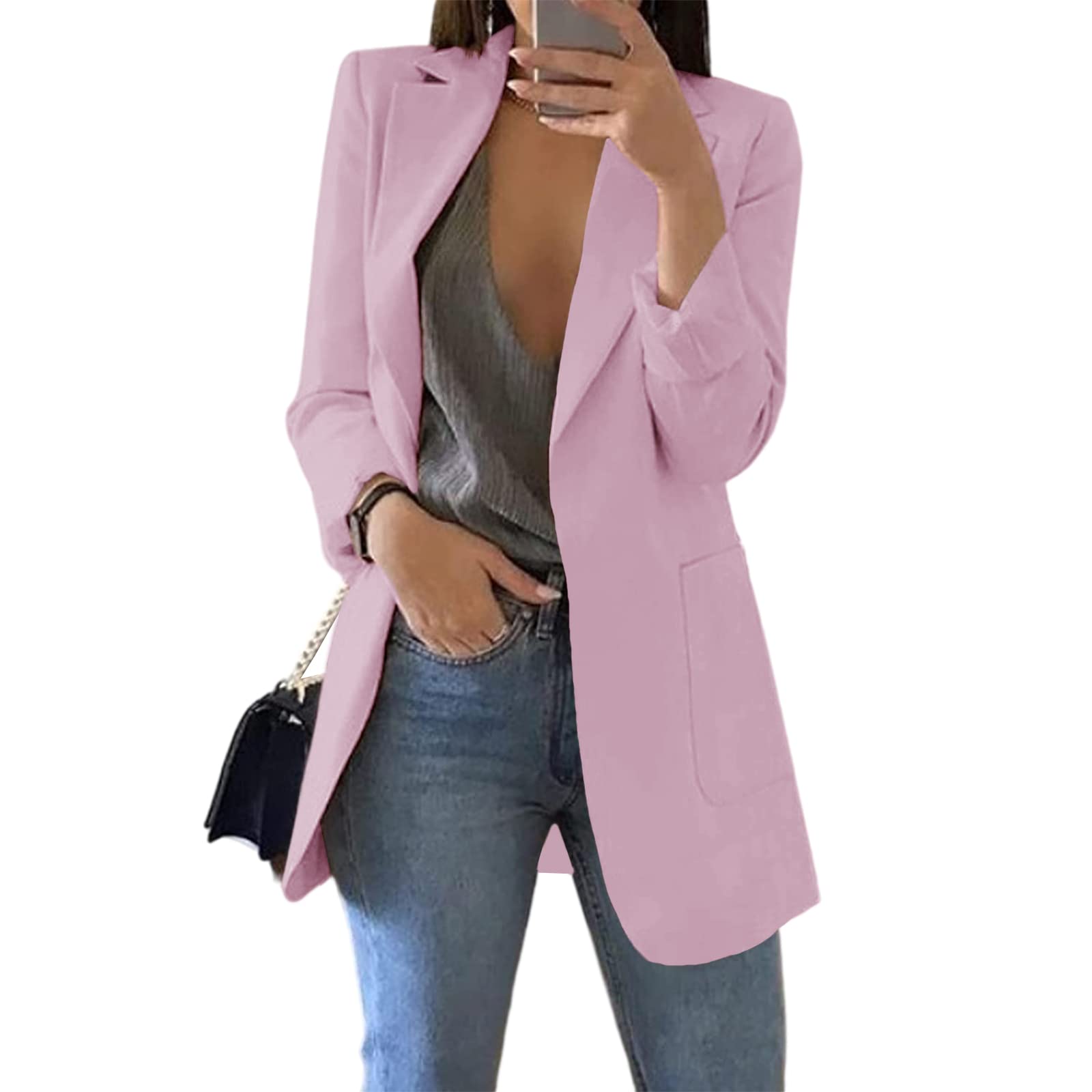 cnkwei Womens casual Blazers Open Front Long Sleeve Lapel collar Work Office Jacket Light Purple