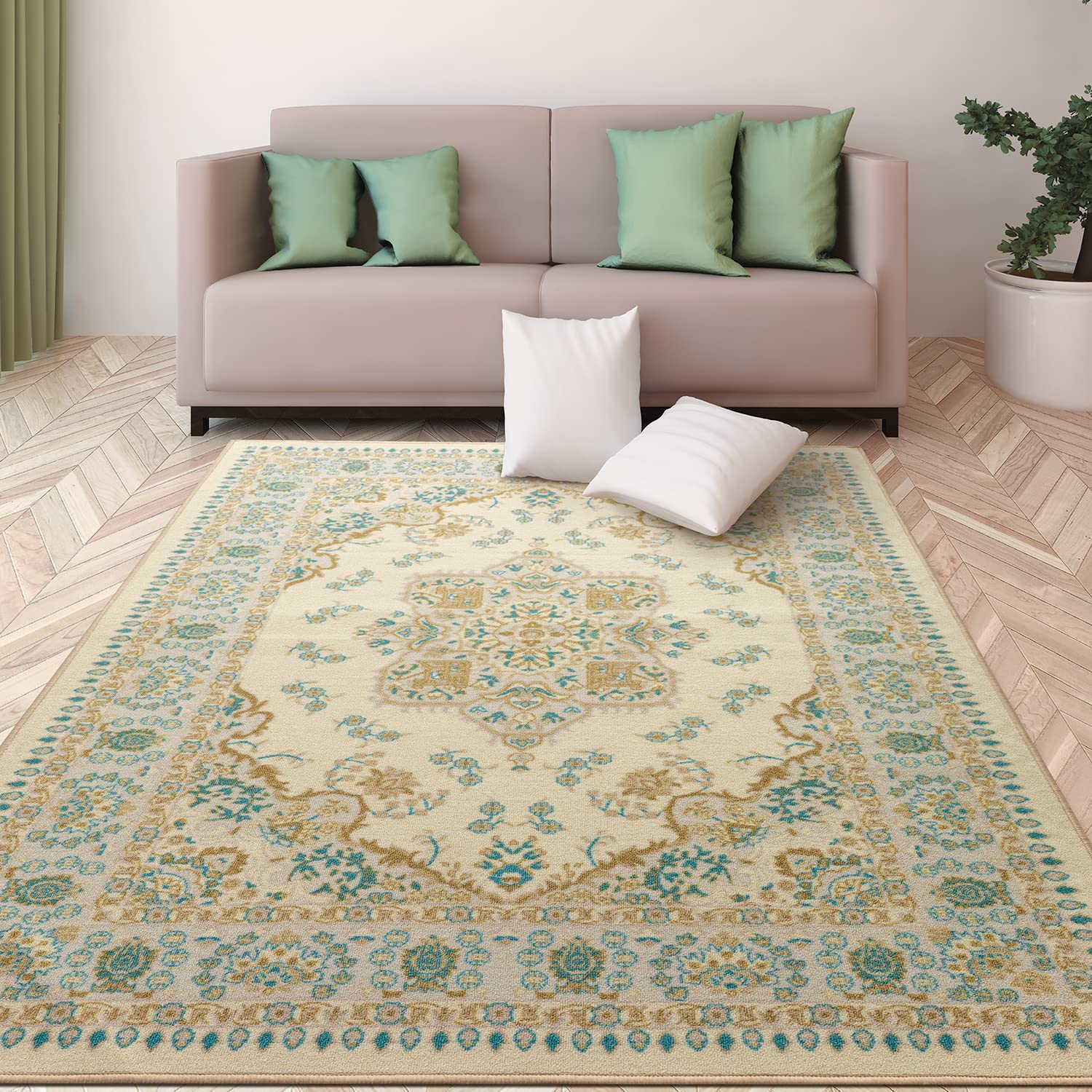 Antep Rugs Alfombras Oriental Traditional 3x5 Non-Skid (Non-Slip) Low Profile Pile Rubber Backing Indoor Area Rugs (Blue Beige, 