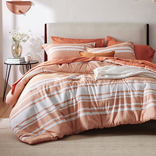Bedsure Bed in a Bag Twin Size 5 Pieces, Burnt Orange White Striped