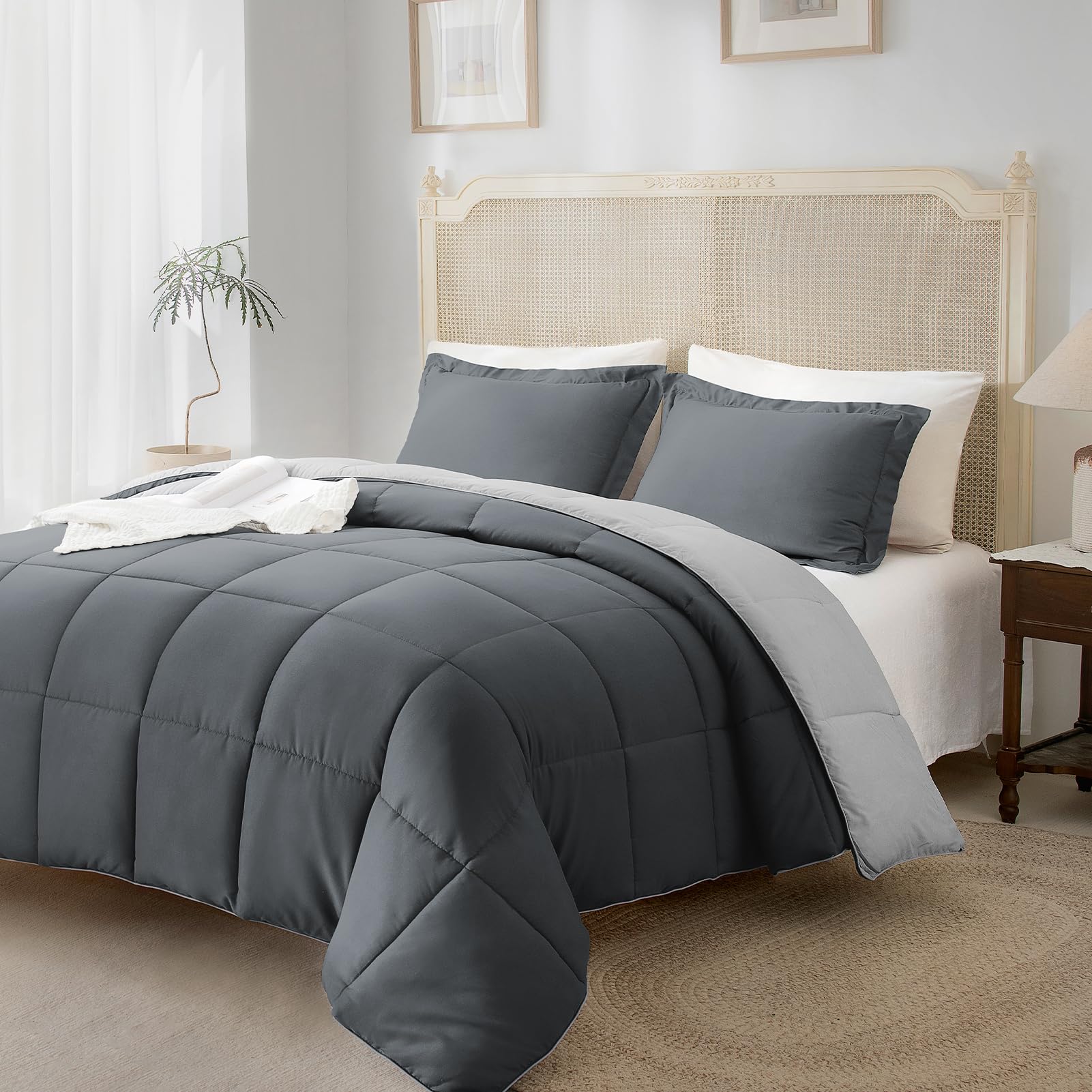 satisomnia California King Comforter Set Grey, Lightweight Cal King Comforter Bed Sets, 3 Pieces Down Alternative Bedding Comfor