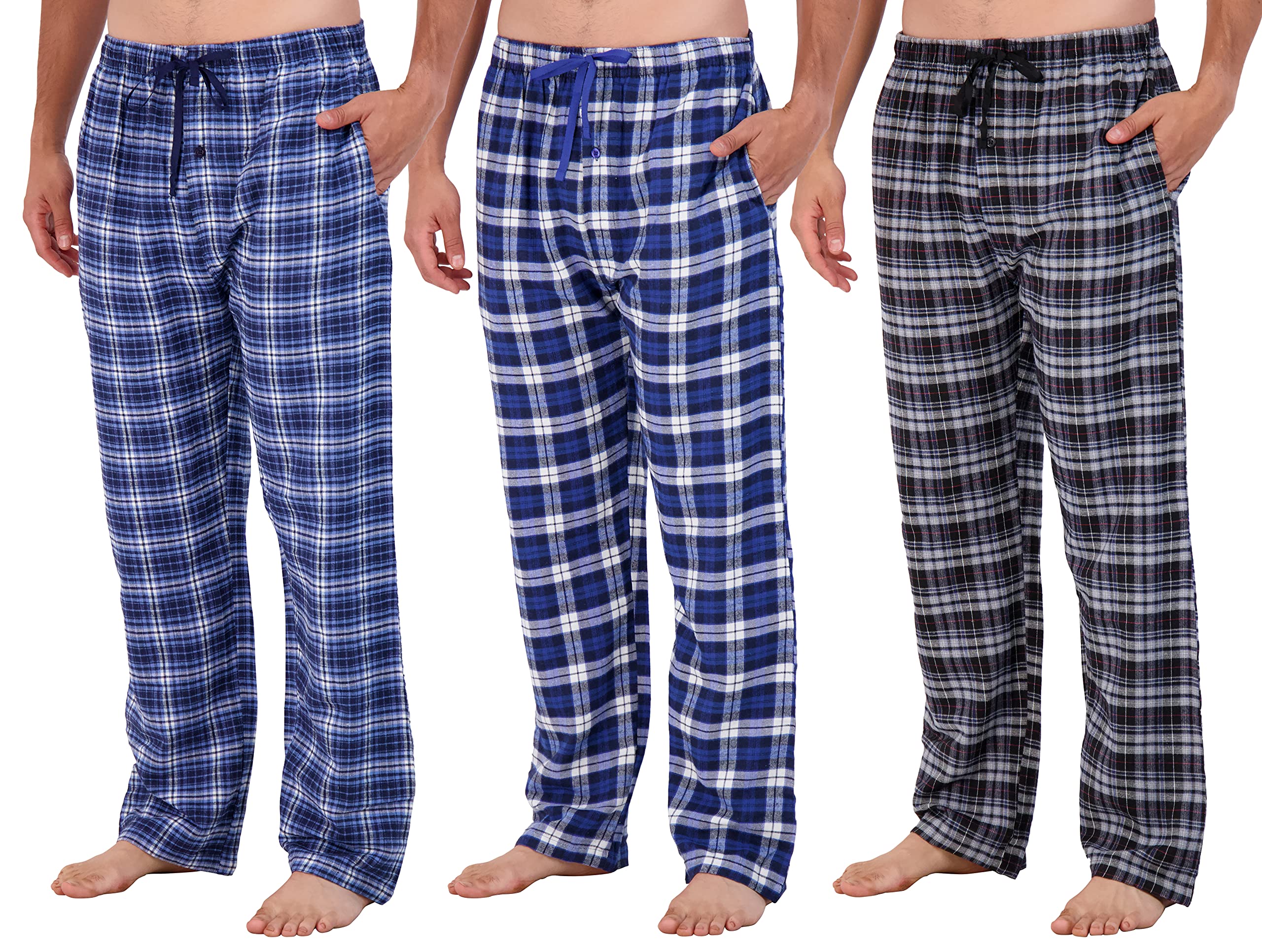 Real Essentials 3 Pack: Mens Big  Tall King Size Pajama Pants cotton Super Soft Pajamas Men Flannel Bottoms Fleece Buffalo Plaid Pj Lounge Pants