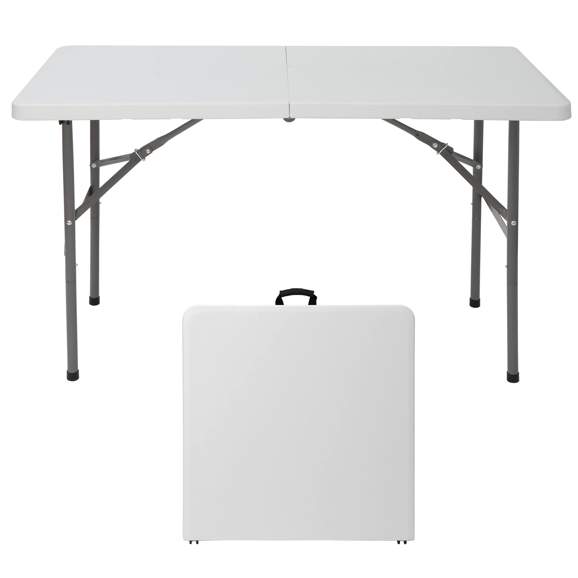 ZenStyle 4 ft Indoor Outdoor Heavy Duty Plastic Folding Table Portable Picnic Table Fold-in-Half Utility Table w/Handle and Stee