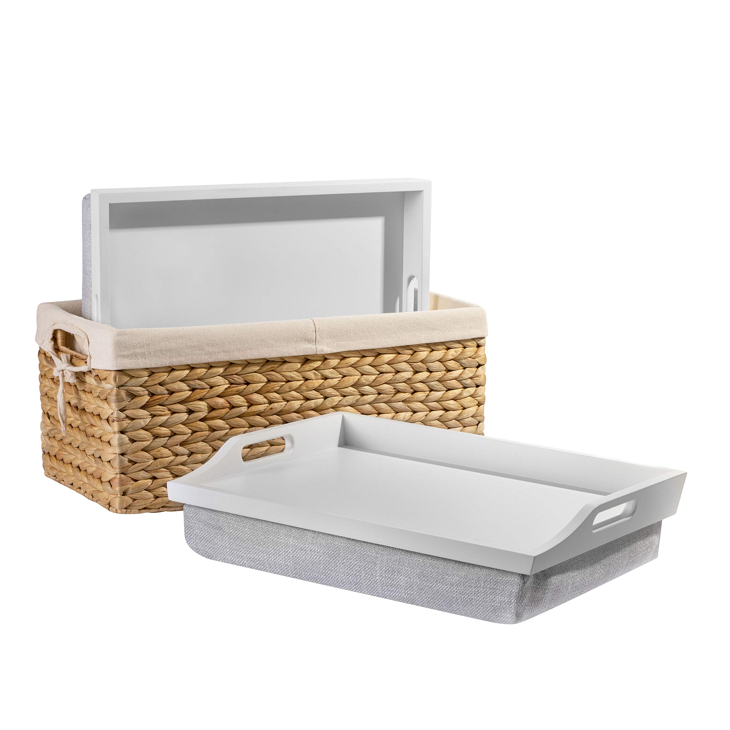 Rossie Home Wood Bed Tray Lap Desk - Set of Two - with Hyacinth Storage Basket - Soft White - Fits up to 156 Inch Laptops - Styl