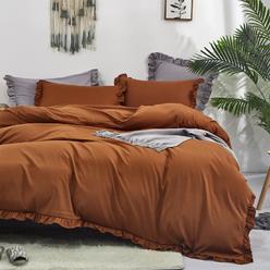 CLOTHKNOW Pumpkin Comforter Set Full Ruffles Bedding Comforter Sets Brown Comforter Rustic Bedding Farmhouse Bed Comforter Sets 