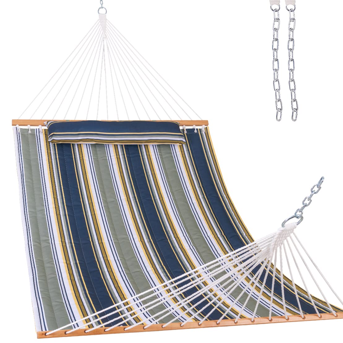 Lazy Daze Hammocks 12 FT Quilted Fabric Hammock with Spreader Bar, 2-Person Double Hammock with Chains and Pillow, Outdoor Hammo