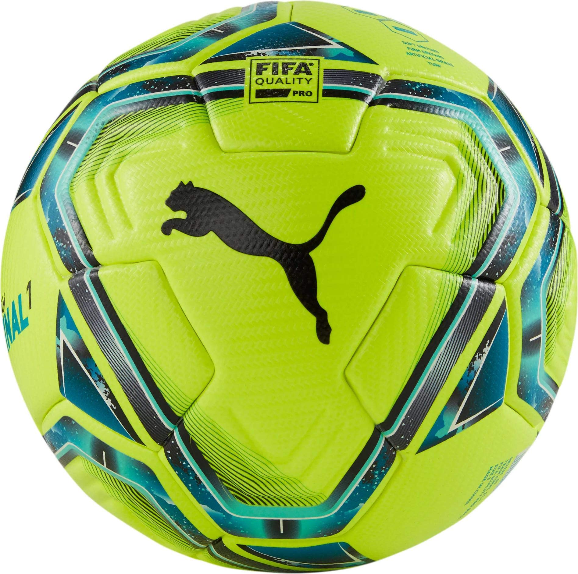 PUMA TEAMFINAL 211 FIFA Quality PRO Ball, Size 5 (Lemon Tonic-Spectra green-Rising Teal-puma Black-clear Sky)