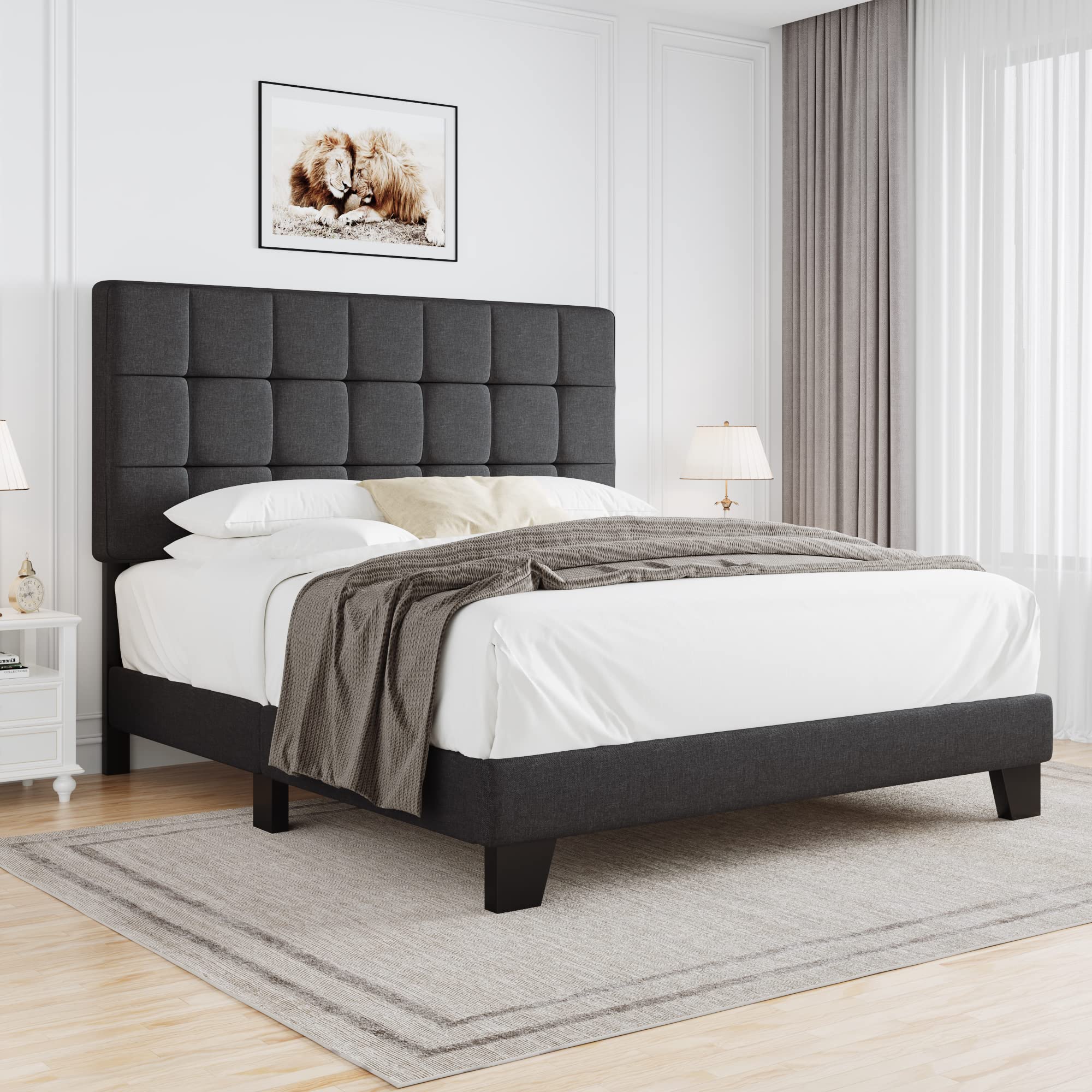 HOOMIc Full Size Upholstered Panel Bed with Adjustable Headboard, Full Bed Frame for Box Spring, Easy Assembly, grey Fabric