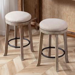 LukeAlon Farmhouse Linen Fabric Round Bar Stools Set of 2, 360A Swivel 256A counter Height Stools with Solid Wood Legs Backless 
