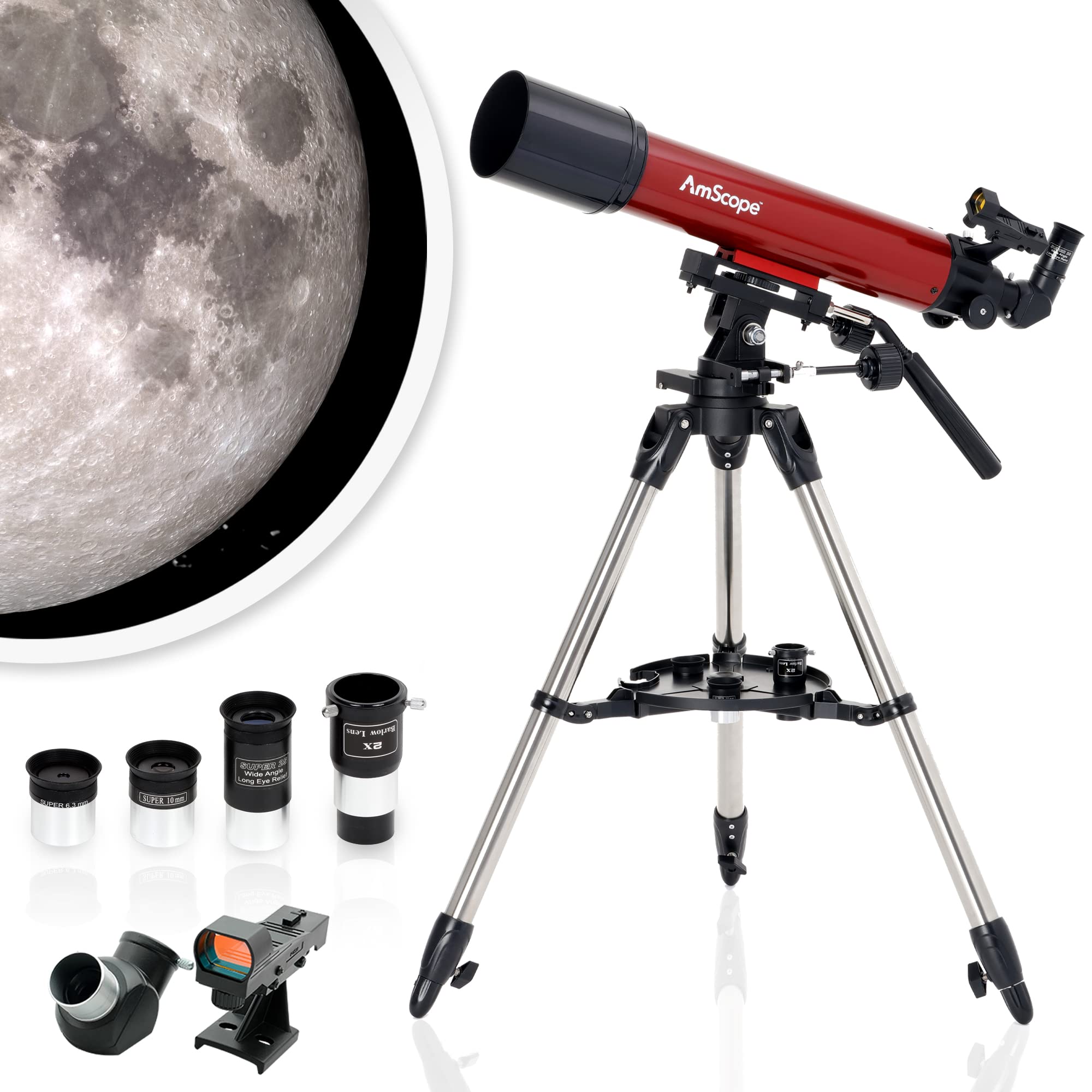 AmScope Refractor ALT-AZ Telescope with Altitude Azimuth Mount, 102mm Aperture, 600mm Focal Length, Stainless Steel Tripod and R