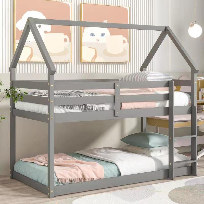 MERITLINE Bunk Bed Twin Over Twin for Kids, Wooden Tree House Bunk Beds with Ladder and Safety guardrail, Floor Bunk Bed for Tod