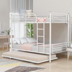 FLIEKS Twin-Over-Twin Metal Bunk Bed with Trundle, Twin Trundle Bed Frame for Kids, can be Divided into Two Beds, No Box Spring Needed,