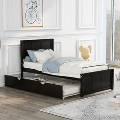 Harper & Bright Designs Twin Bed Frames with Trundle, Wood Twin Size Platform Bed with Headboard and Twin Trundle Under Bed for 