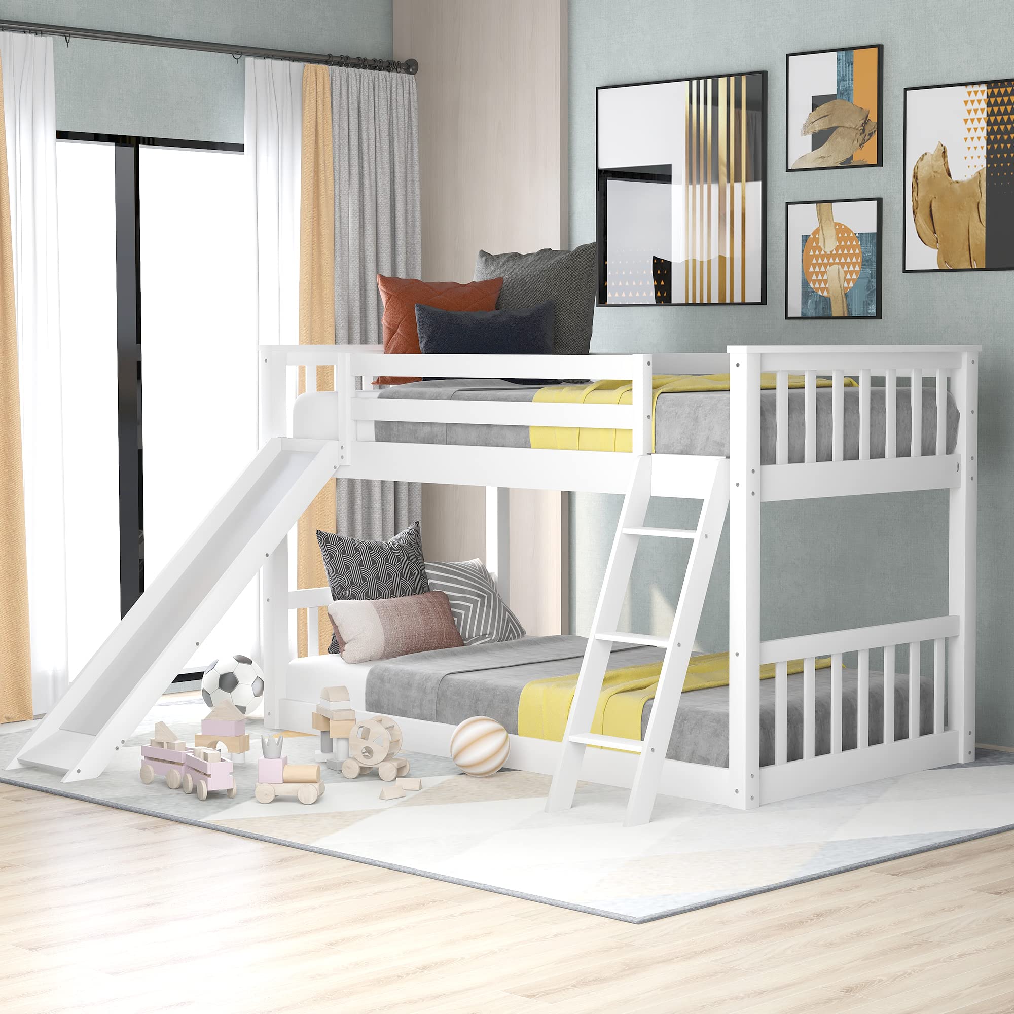 Harper & Bright Designs Twin Bunk Beds with Slide for Kids, Low Profile