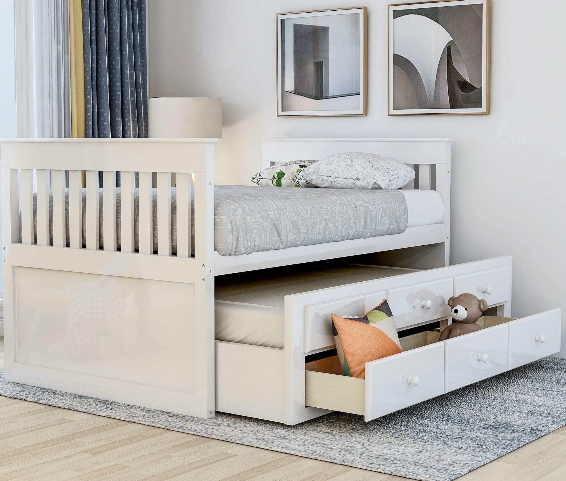 Rhomtree Twin captainAs Bed Storage daybed with Trundle and Drawers for Kids guests (White)