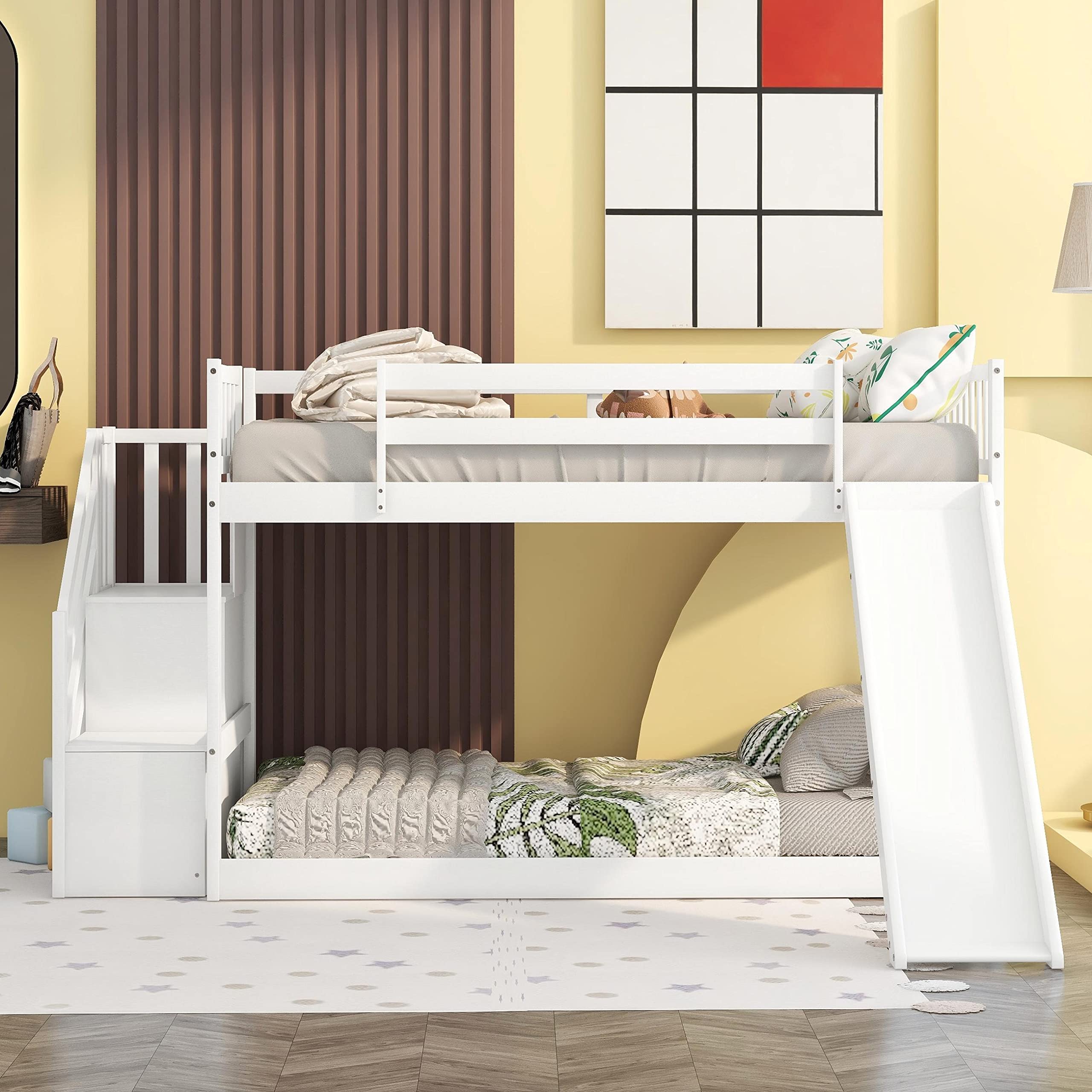 Harper & Bright Designs Low Profile bunk Bed with Slide and Storage Stairs, Solid Wood Floor