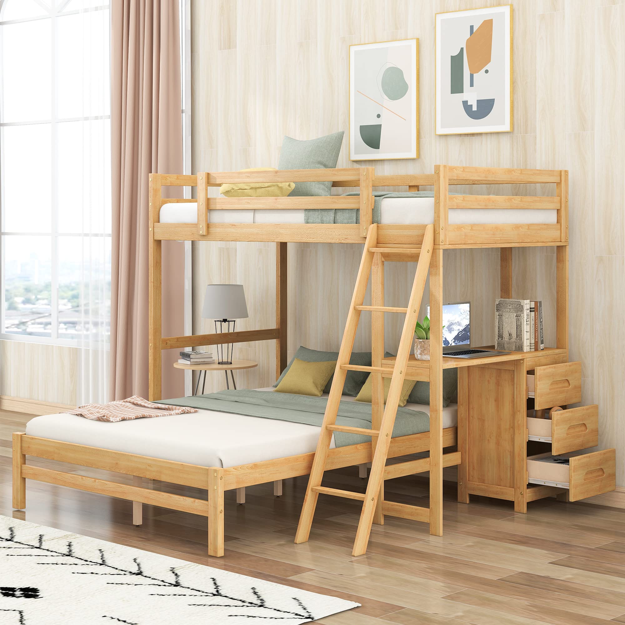 P PURLOVE Twin Over Full Bunk Bed with Desk and 3 Drawers Wood Bunk Bed with Ladder, Bunk Bed Frame can Be Split Into 2 Separate