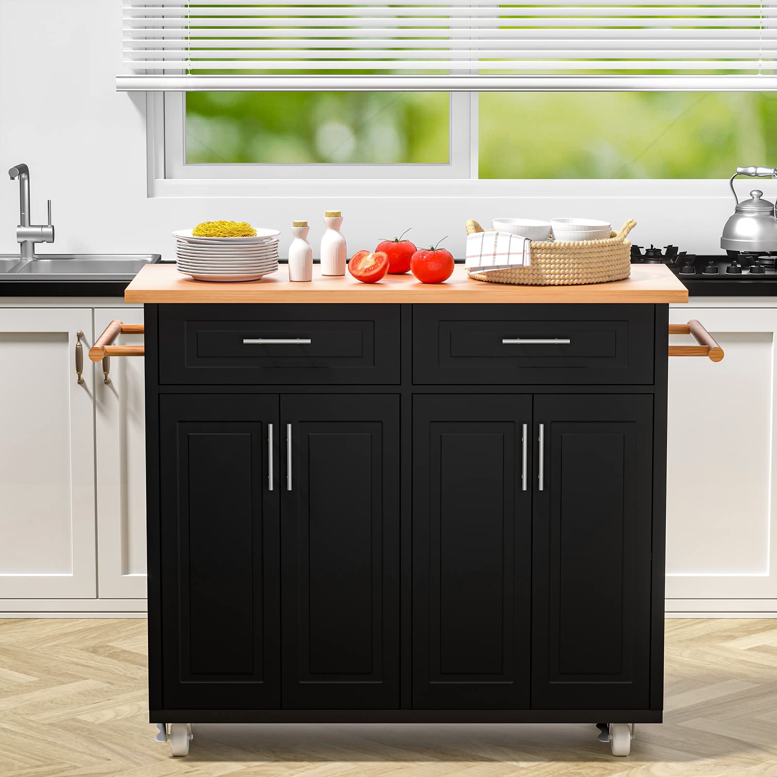 4ever2buy Rolling Kitchen Island, Kitchen Island with Storage on Wheels, Mobile Kitchen Storage cabinets with Drawer and Adjustable Shelf,