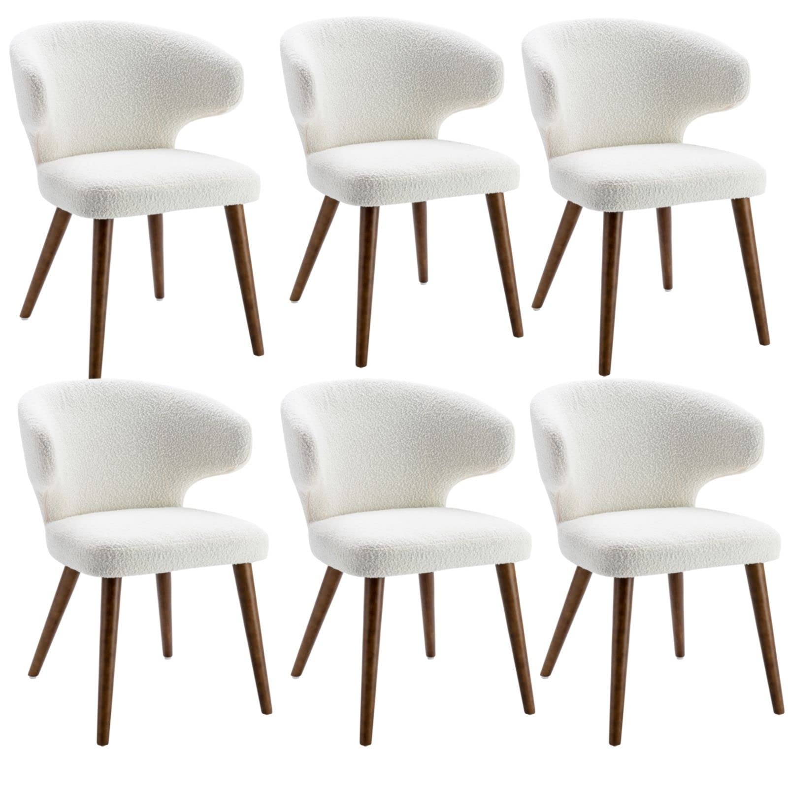 HNY Mid century Modern Dining chairs Set of 6, Upholstered curved Wingback Accent Arm chairs, Faux Sherpa Side chairs with Solid