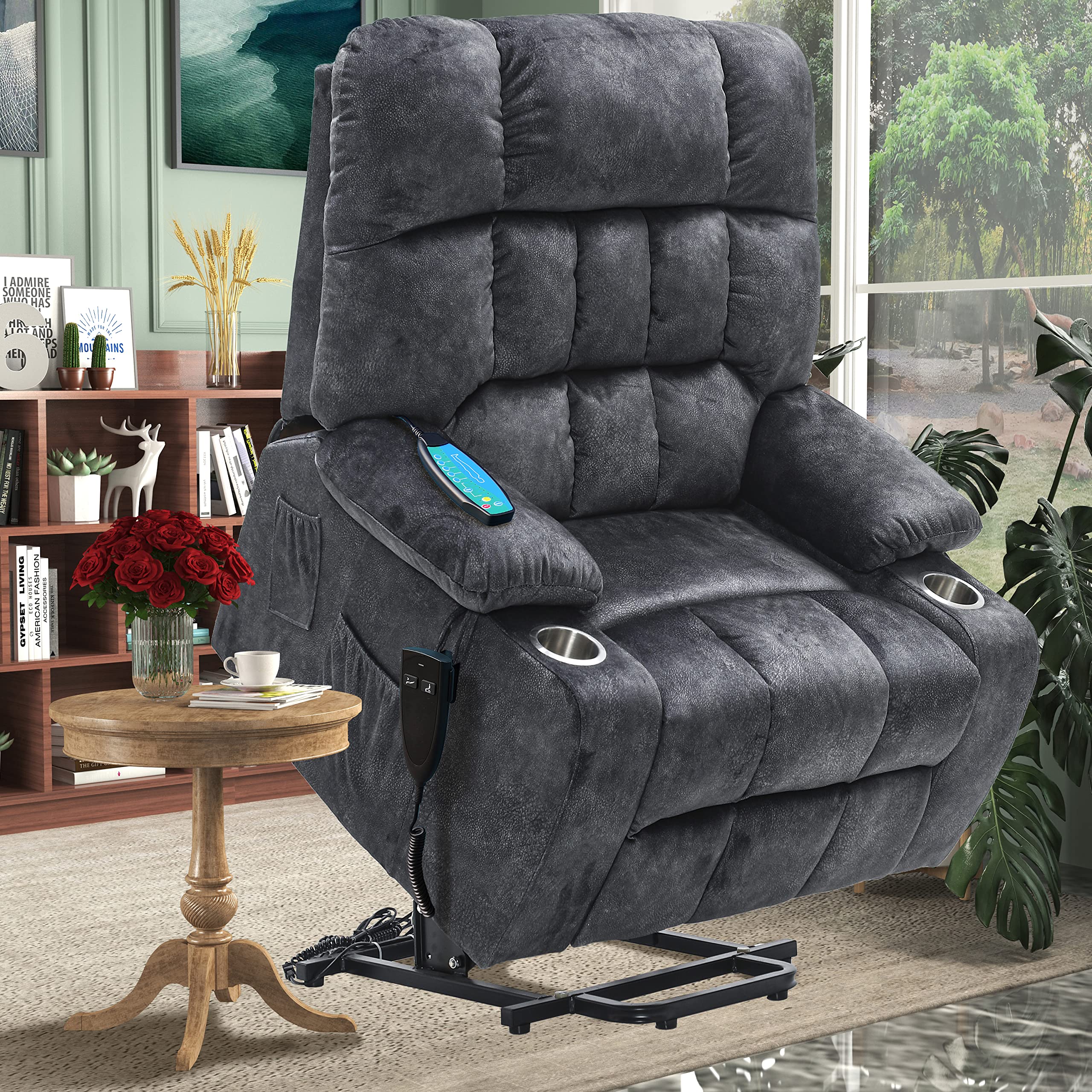 PUg258Y Lift chair for Big and Tall Person with Inconvenient Legs: High Density Foam Lift Sofa with Heat and Massage, 2 Pockets,