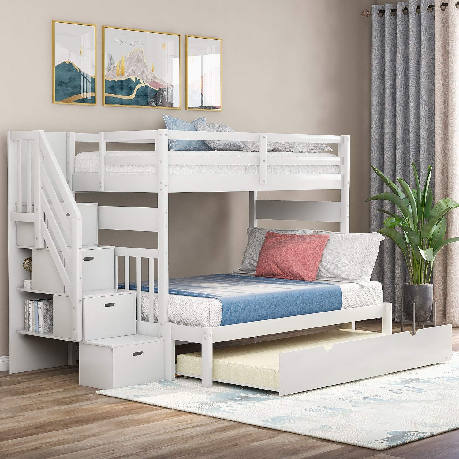 Rhomtree Bunk Bed with Trundle for Kids Twin Over TwinFull Bunk Beds with Trundle and Staircase, Solid Wood Trundle Bed with Rai