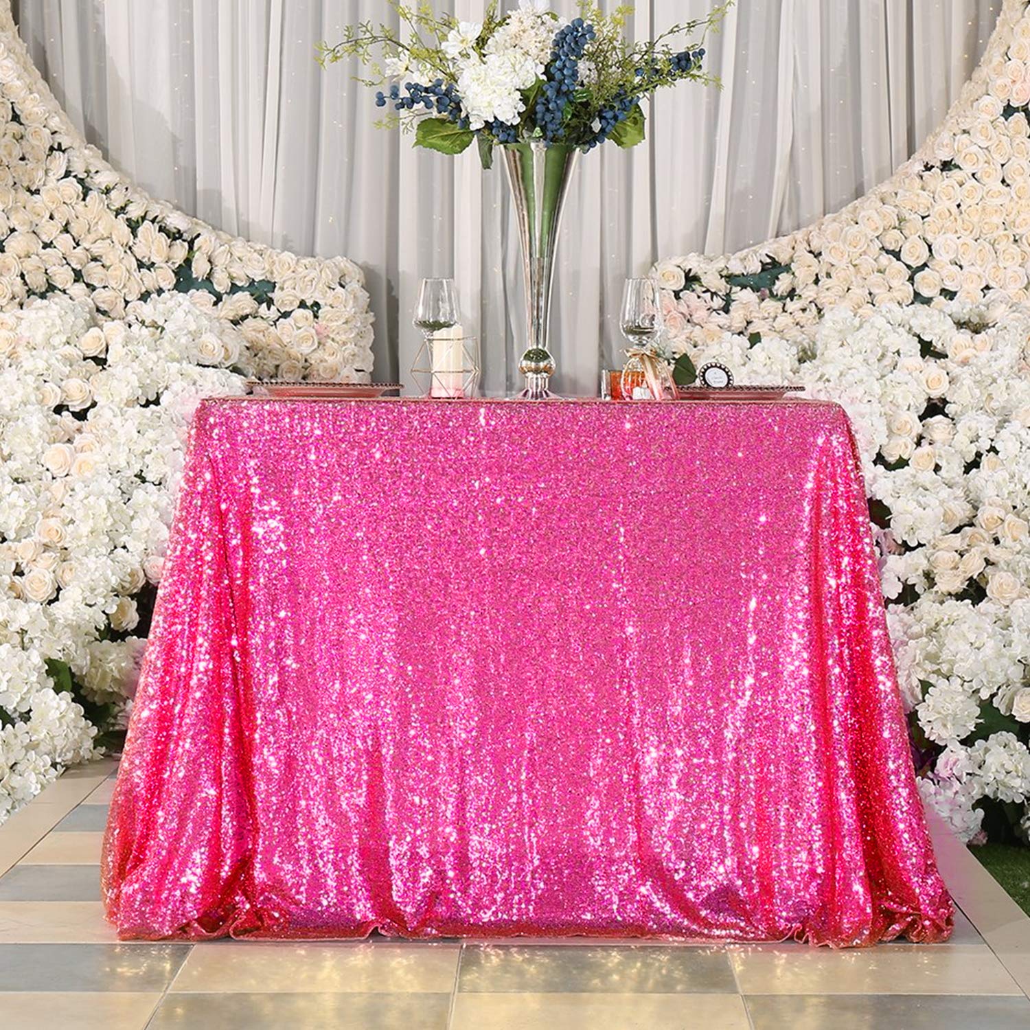 Jyflzq Fuchsia Sequin Tablecloth 60 x 102 Rectangular Sparkly Drape Table Cloths Table Cover Overlay for Wedding Birthday Party, image size:1500x1500