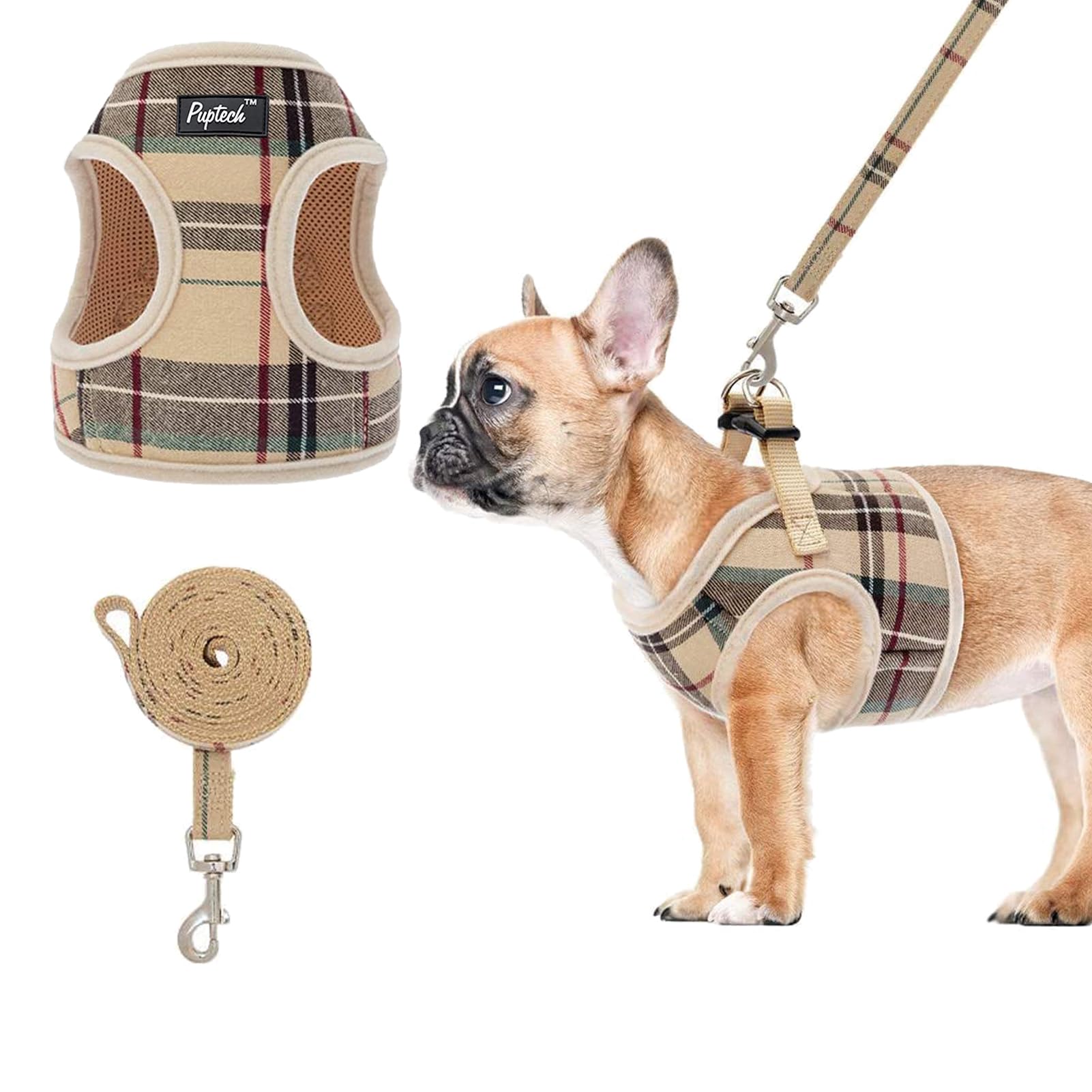 PUPTECK Soft Mesh Dog Harness and Leash Set Step-in Plaid