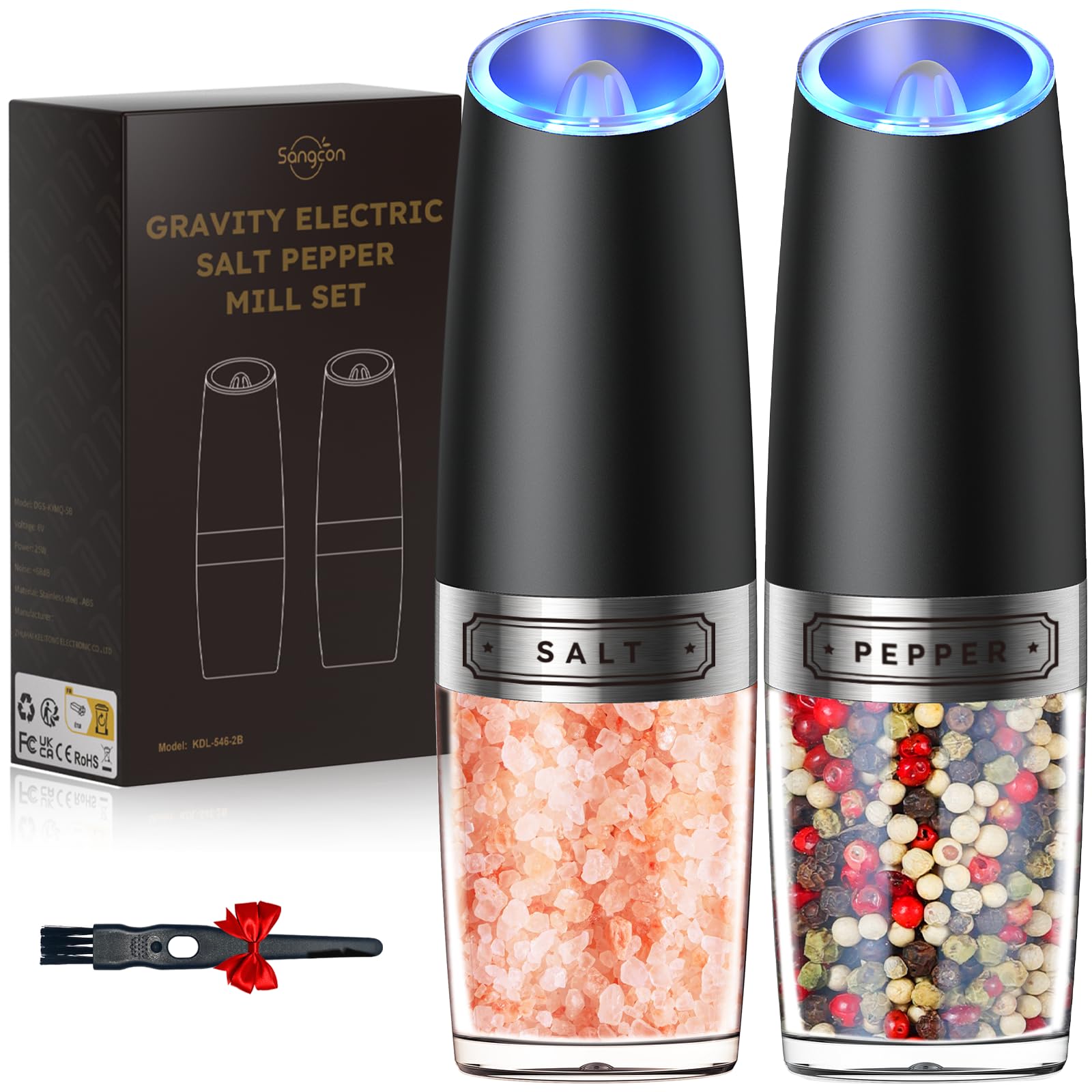 Sangcon Gravity Electric Salt and Pepper Grinder Set Automatic Shakers Mill Grinder with LED Light Battery Powered Adjustable C, image size:1600x1600