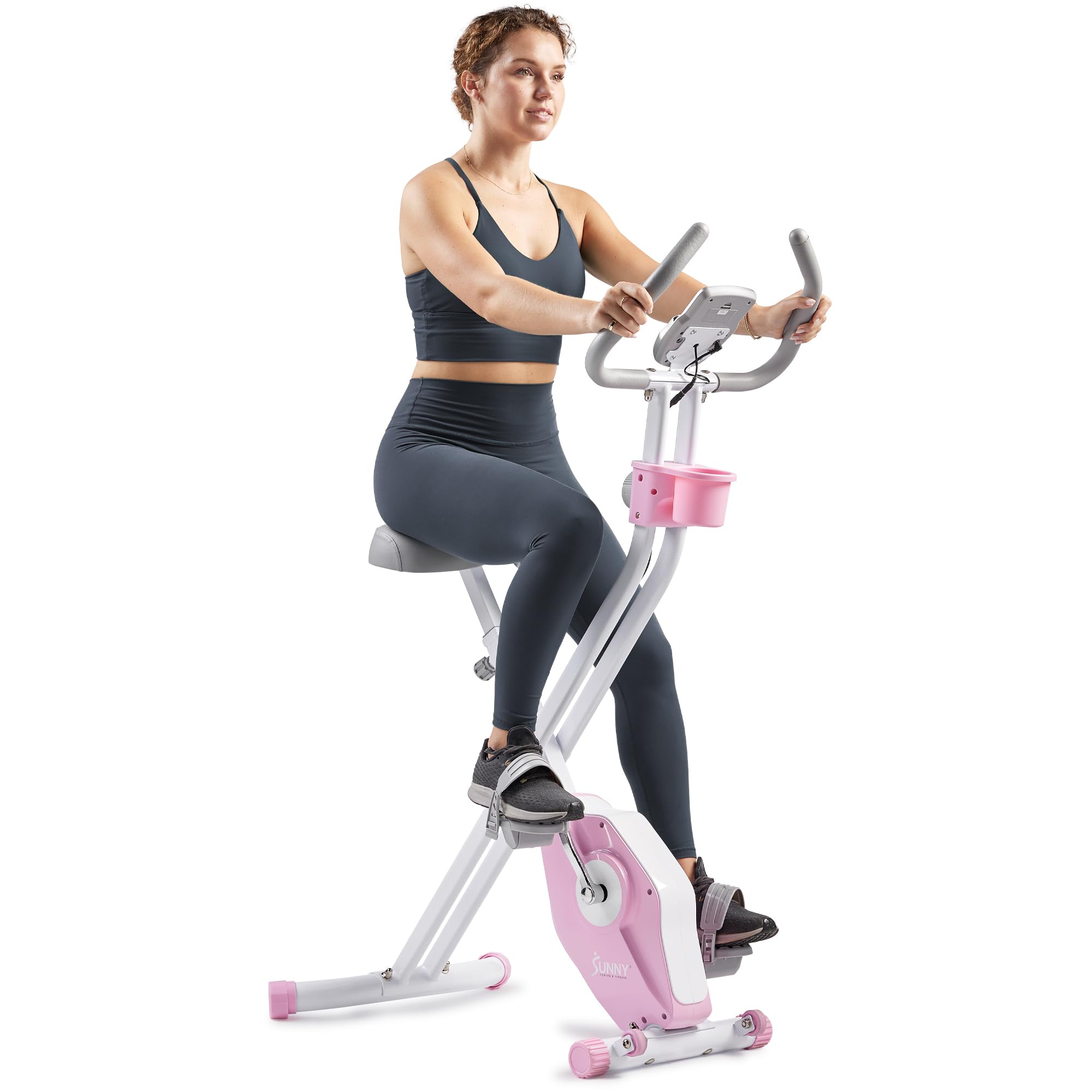 Sunny Health Fitness Foldable Pink Magnetic Exercise X-Bike Pro