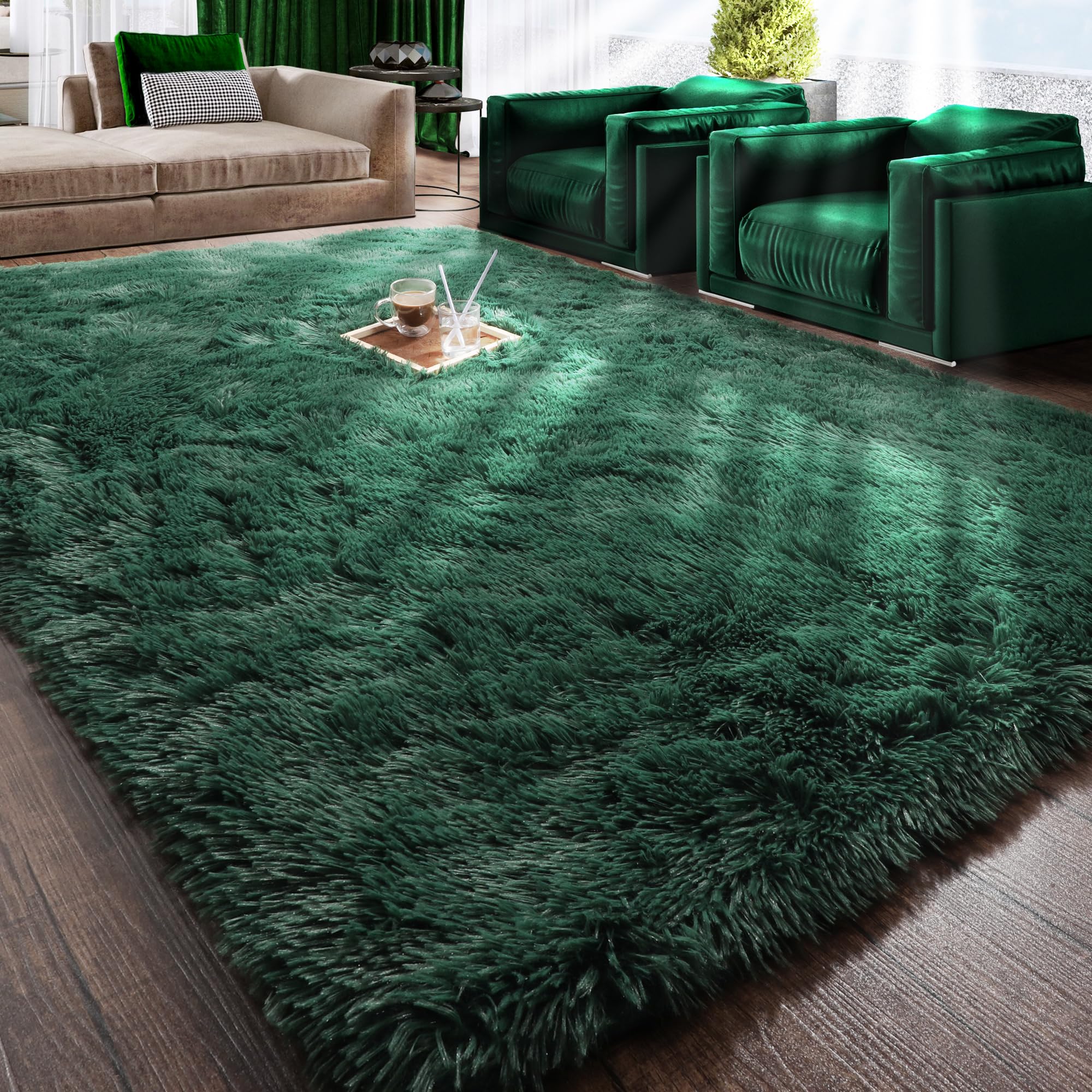 RUGTUDER Deep Green Area Rugs for Living Room 5x8 Shag Fluffy 
