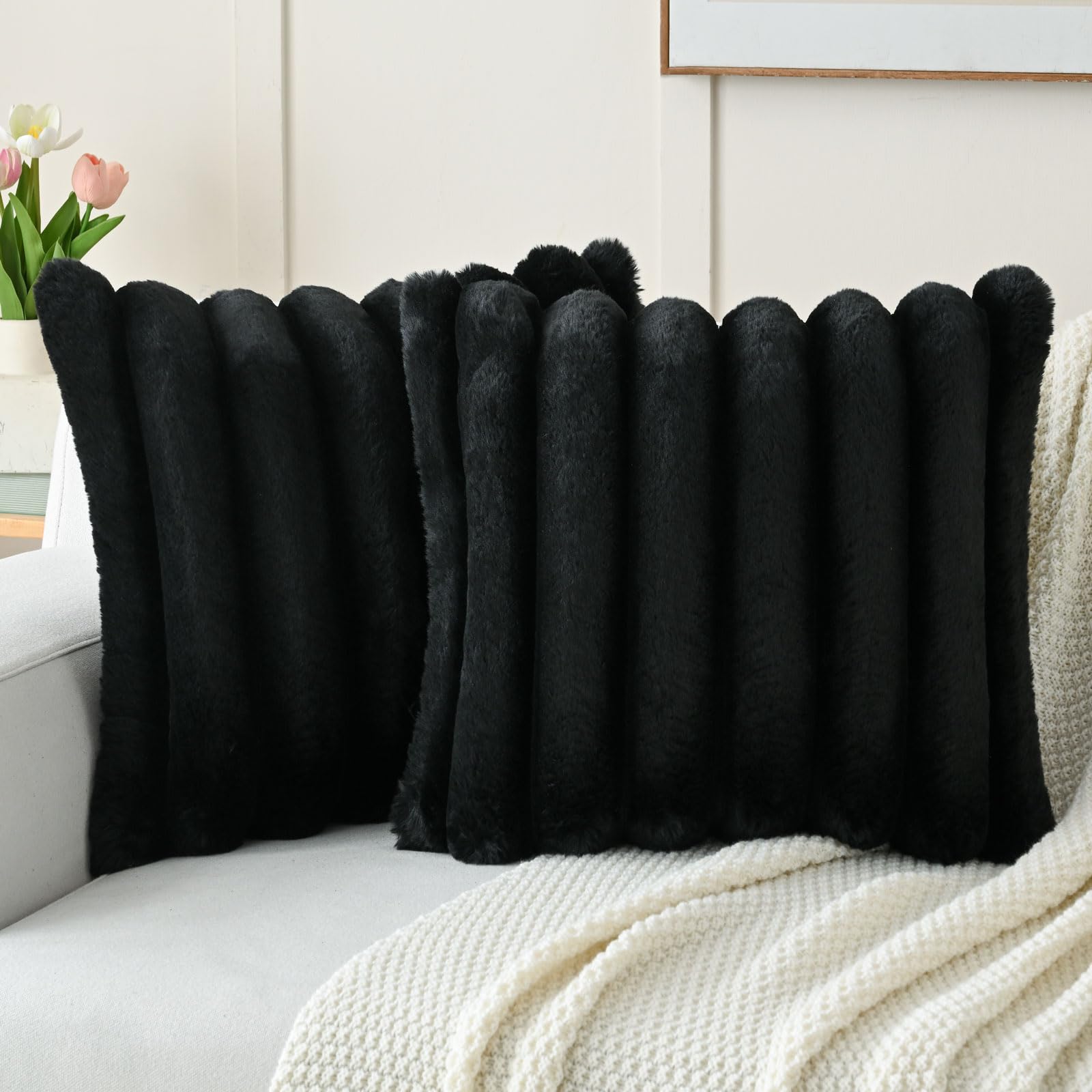 Pillow Covers Black Fur Throw Pillow OHS Faux Fur Thick Ribbed