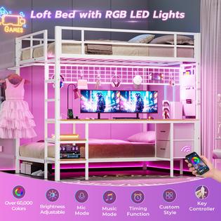 HomCom Loft Bed Twin Size With Desk LED Lights Charging Station Metal Loft Bed Frame For Teens And Adults With Safety Guardrail And Ladder Space-Saving Noise Free No BoSpring Needed Black In