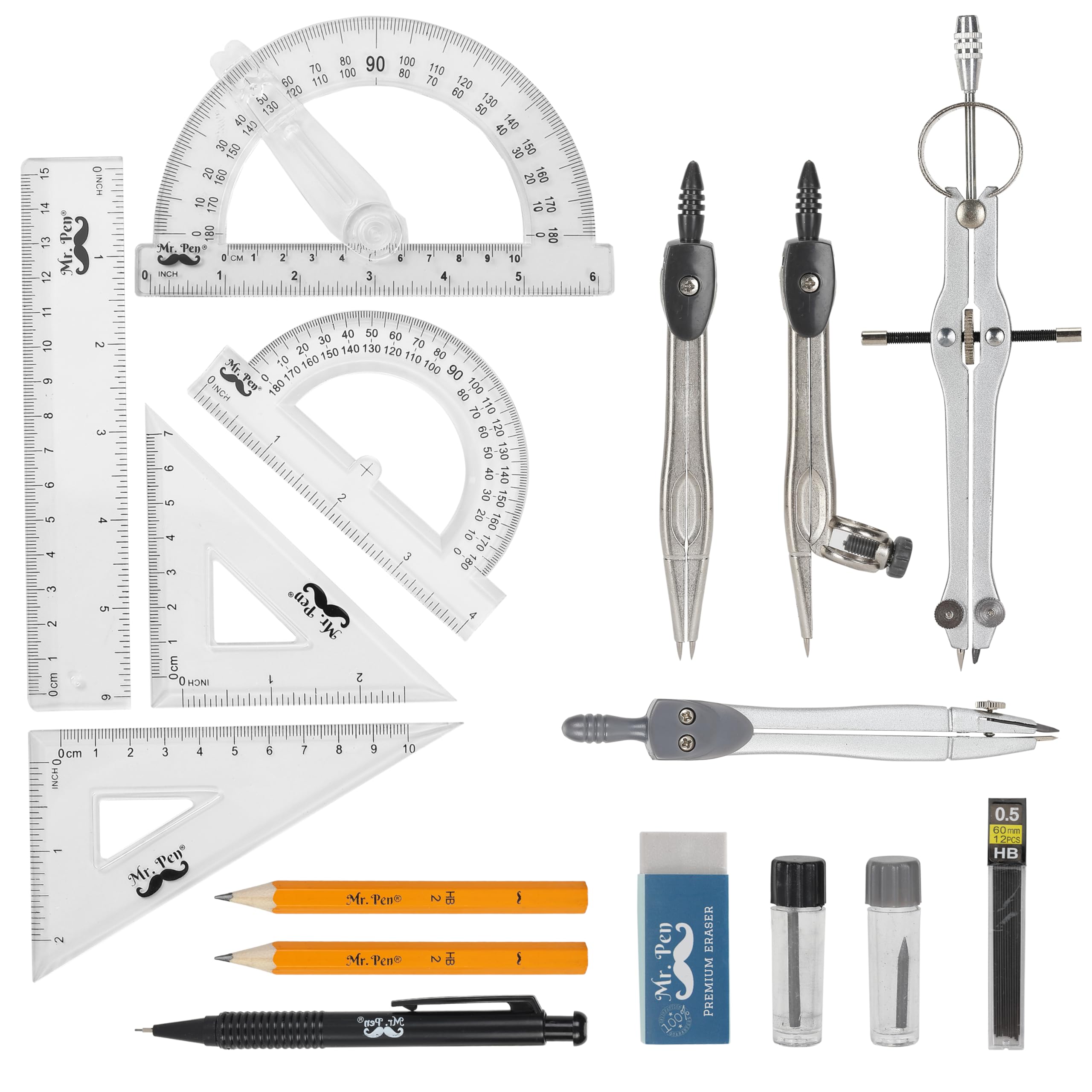 Kit Géométrie 10 Pièces - Compas, Règles, Rapporteur, Crayon, Gomme | Étui De Rangement | Pour Élèves, Dessin Technique, Mathématiques