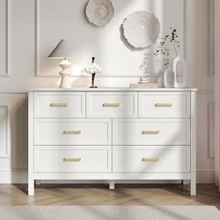 BAZELOR Farmhouse 7 Drawers Dresser for Bedroom, Wood Rustic Wide Chest with Gold Handles, Wood Dressers BAZELOR Farmhouse 7 Drawers Dresser for Bedroom, Wood Rustic Wide Chest with Gold Handles, Wood Dressers